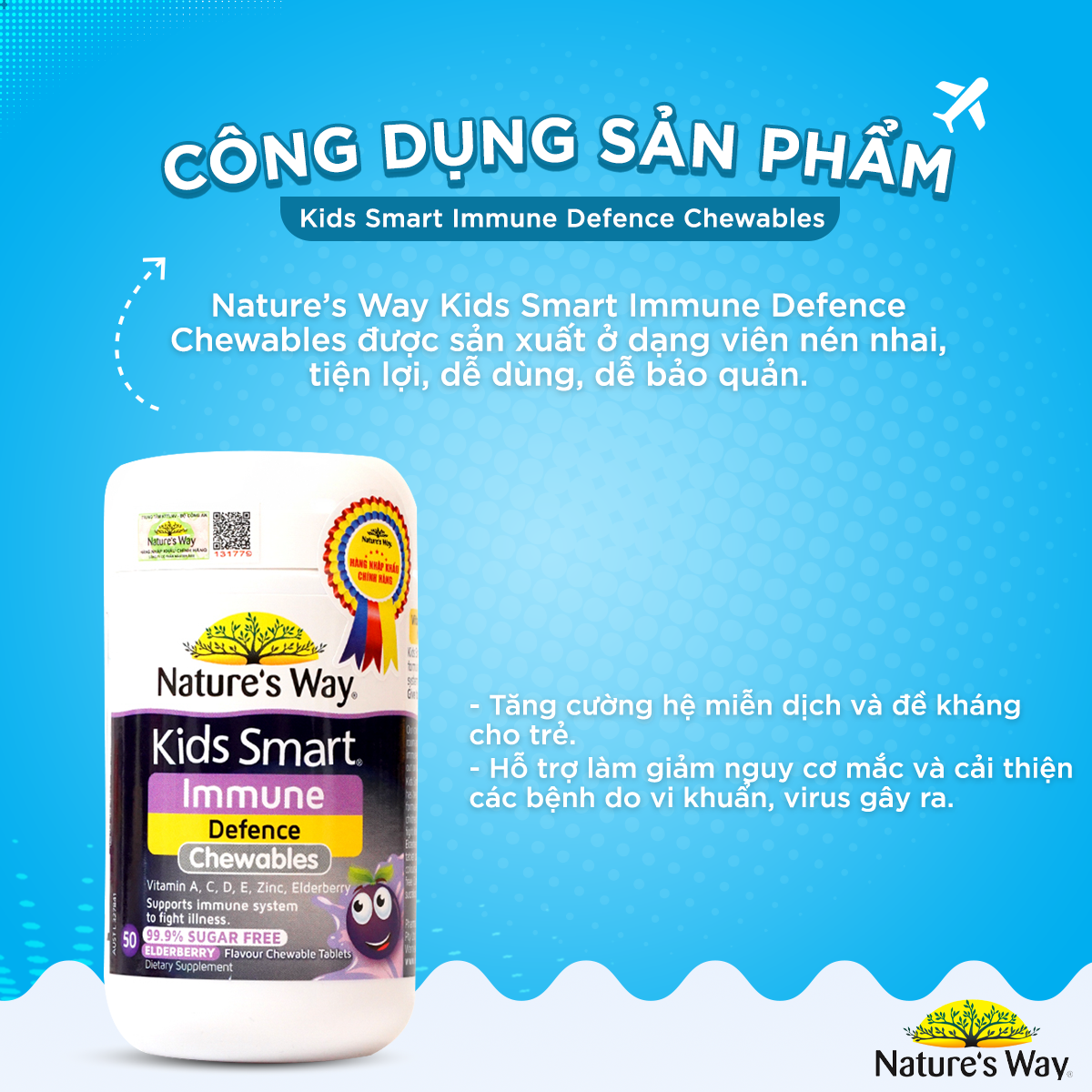 Combo 2 Viên Nhai Cho Bé Nature's Way Kids Smart Vitamin C+ZinC+D3 Và Immune Defence Bổ Sung Vitamin, Tăng Cường Miễn Dịch