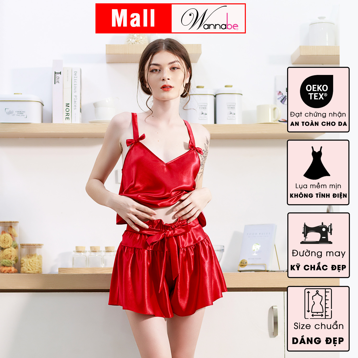 Đồ bộ mặc nhà WANNABE BSS37 đồ bộ quần sọt áo hai dây bản to trang trí nơ xinh xắn mang lại vẻ dễ thương cho bạn gái