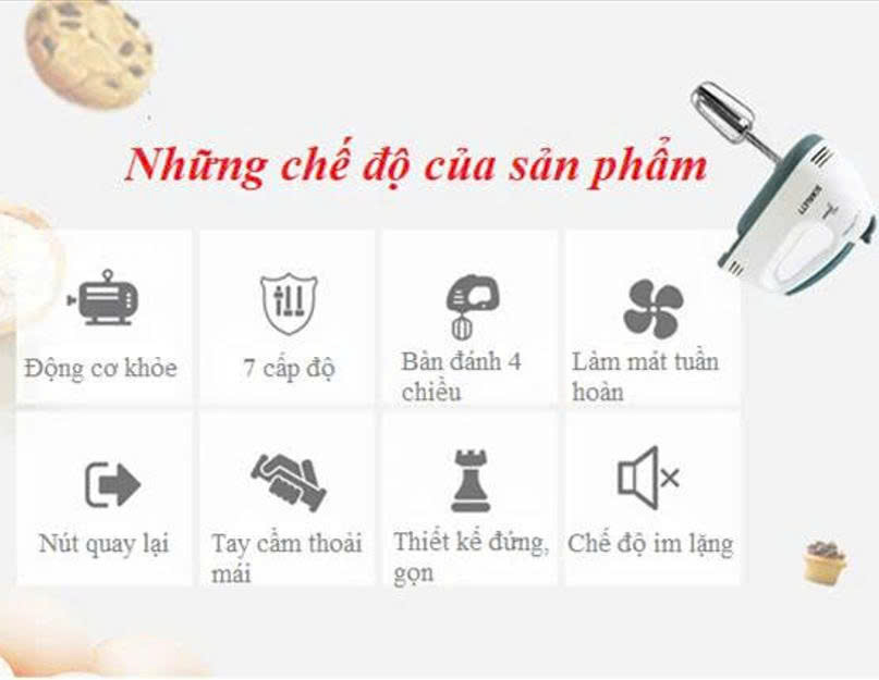Máy Đánh Trứng Cầm Tay 7 Tốc Độ Công Suất Lớn Tặng Kèm 4 Que Đánh Cao Cấp Thép Không Gỉ - Hàng Chính Hãng - Hàng Nhập Khẩu