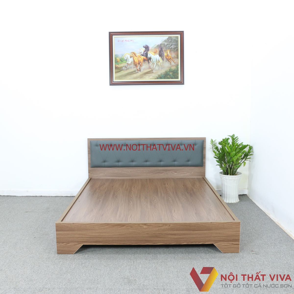 Giường Ngủ Gỗ MDF Melamine Màu Óc Chó Chân Cao Đầu Nệm Đen Đẹp Giá Rẻ