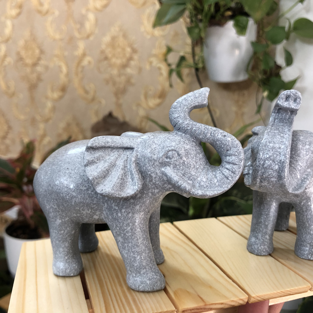 Cặp 2 tượng con voi đá trang trí phong thủy bàn làm việc mang may mắn cát tường cho gia chủ- Cao 9cm- Màu xám