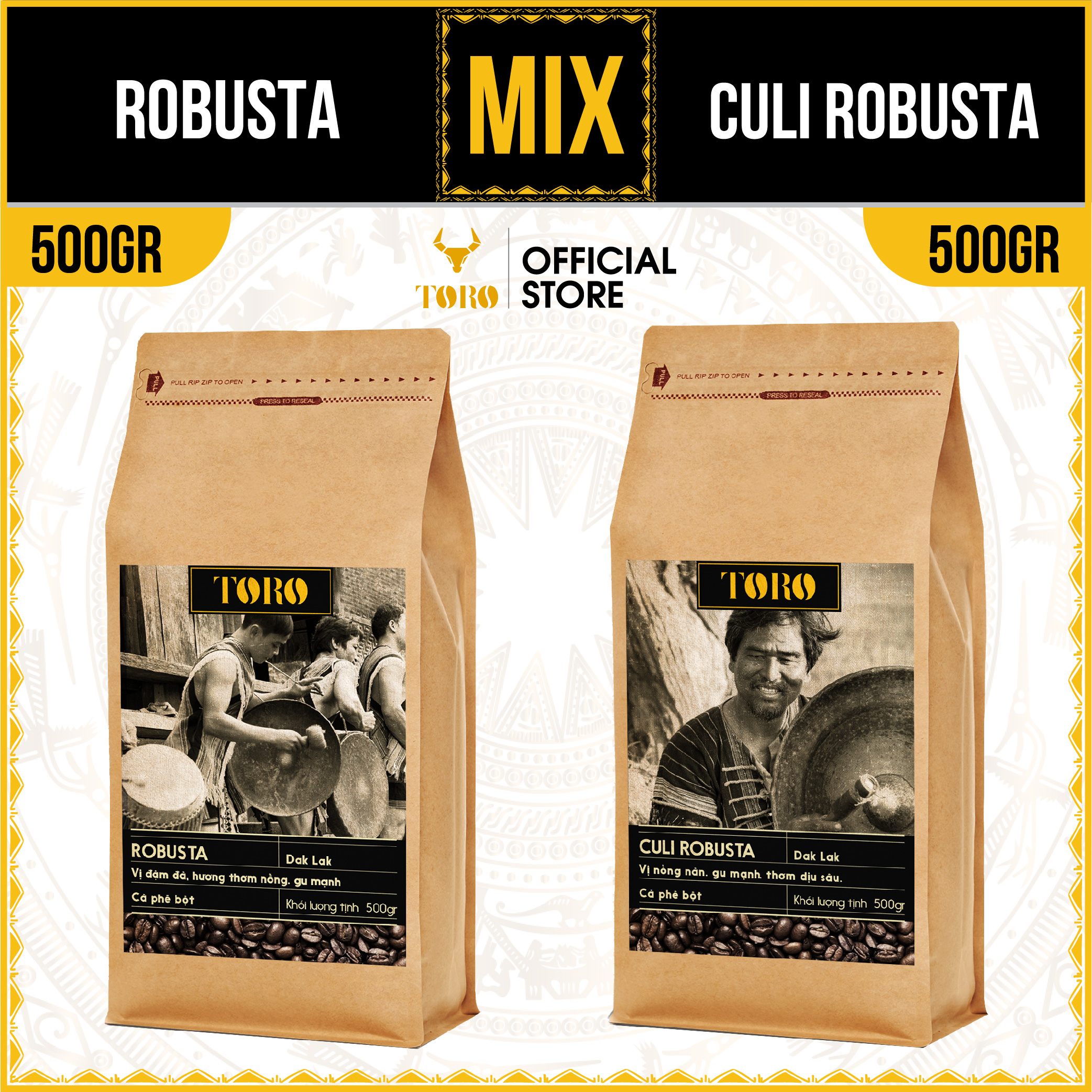 [1KG] Bộ Mix Cà Phê Bột Toro Robusta &amp; Toro Culi Robusta Nguyên Chất 100% | 500GR/Gói | TORO FARM