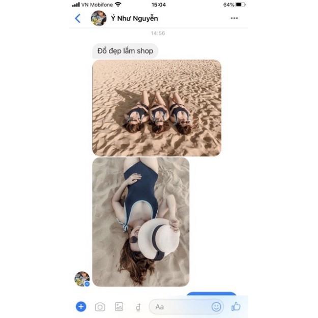 Bikini 1 mảnh xanh đen viền trắng nơ vai dễ thương