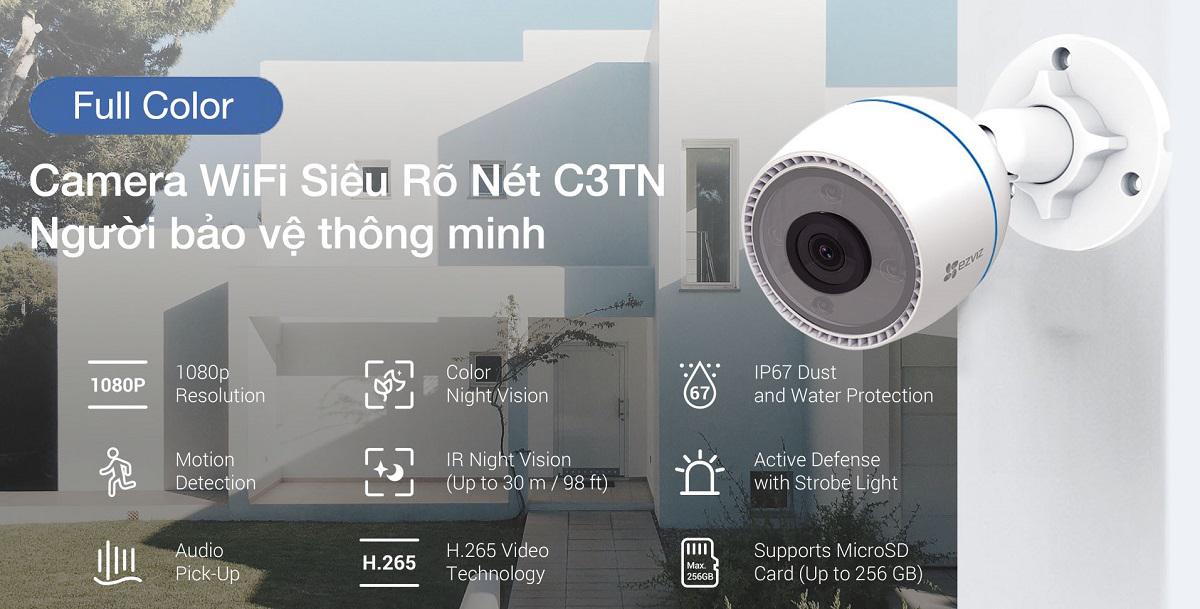 Camera IP Wifi Ngoài Trời EZVIZ C3TN 2MP 1080P Color Night Tích Hợp Mic Thu Âm - Có Màu Ban Đêm - Hỗ Trợ Thẻ Nhớ Lên 256G - Hàng Chính Hãng