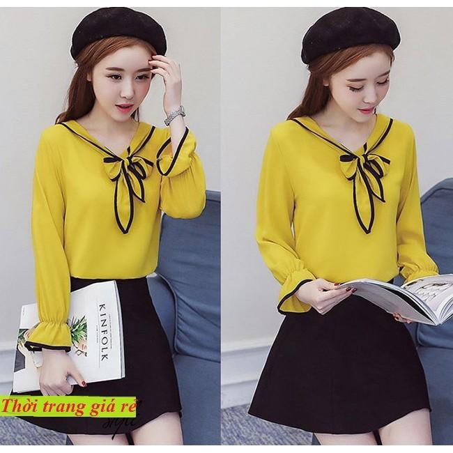 Áo Kiểu Nơ Tay Loe Phối Viền Daisy