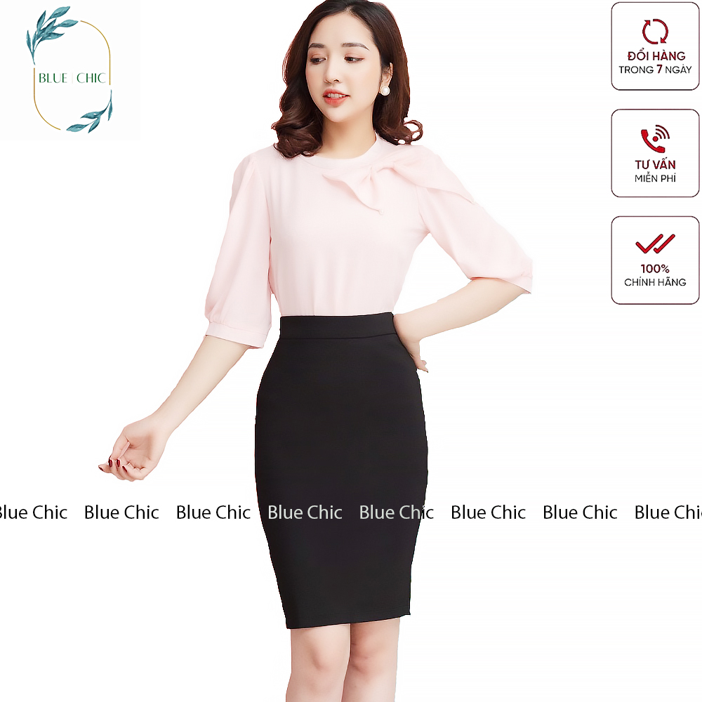 Chân váy bút chì Blue Chic lưng thun cao đồ công sở vải co giãn ôm body xẻ sau dáng dài màu đen