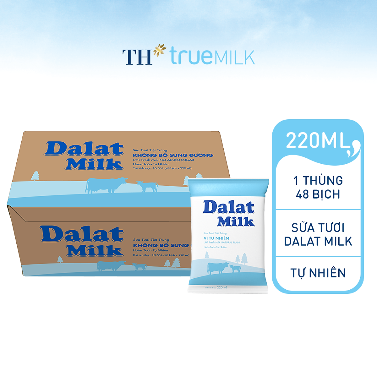 Thùng 48 bịch sữa tươi tiệt trùng Dalatmilk vị tự nhiên 220ml