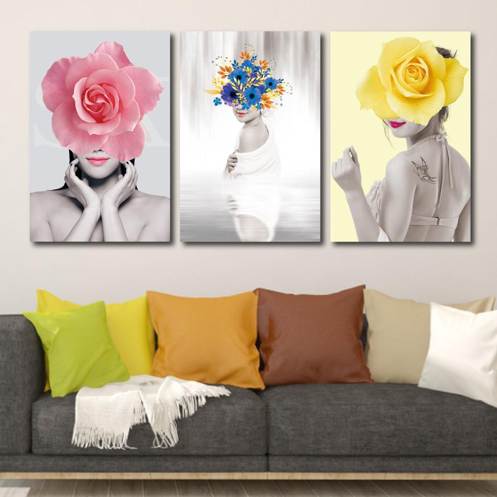 Tranh treo tường canvas cao cấp bộ 3 bức -Tranh canvas treo tường Thiếu Nữ Và Hoa decor trang trí phòng khách, phòng ngủ