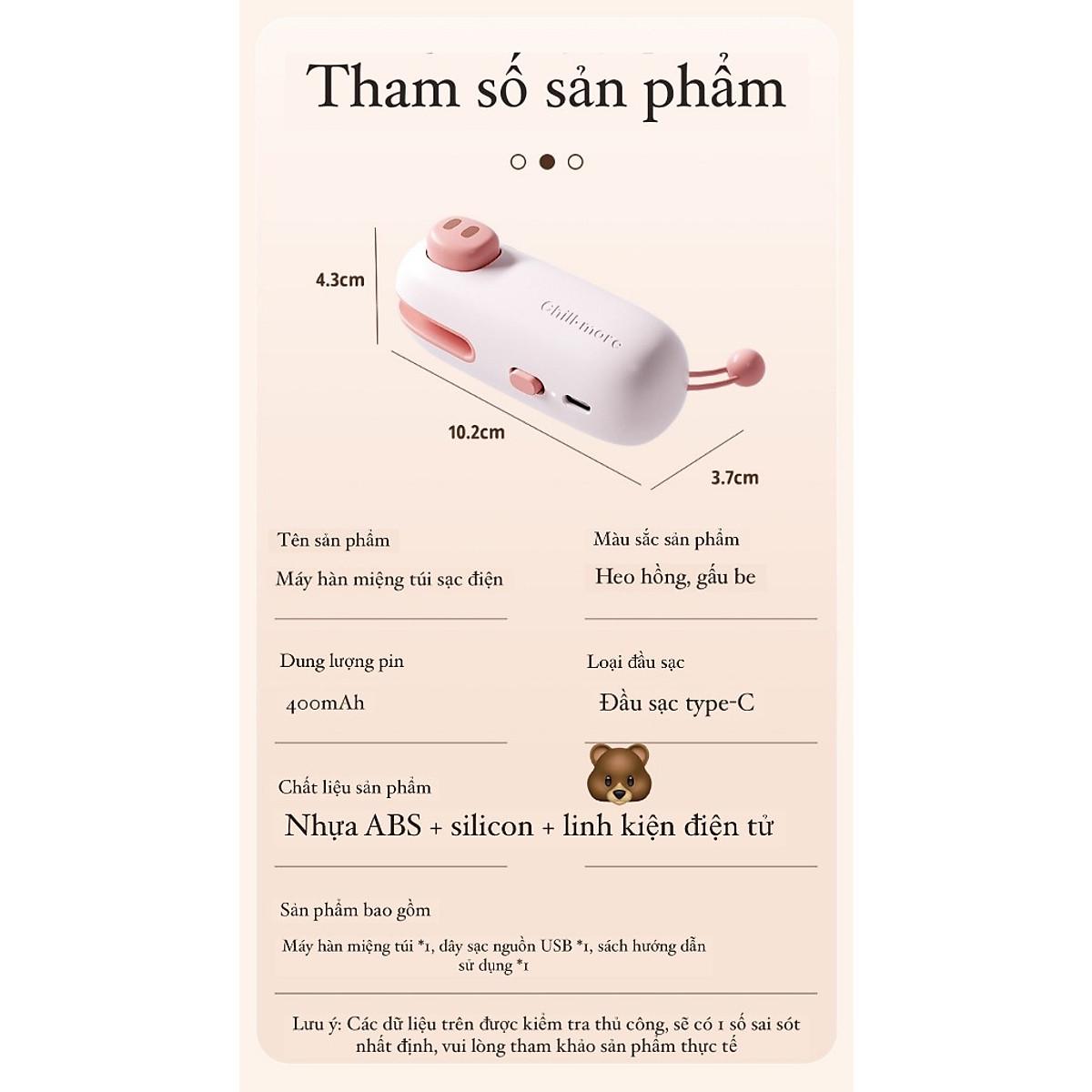 Máy Hàn Miệng Túi Cầm Tay Cute, Máy Ép Miệng Túi Sạc Pin Tích Hợp Nam Châm Kèm Đầu Cắt Tiện Dụng - Hàng Chính Hãng