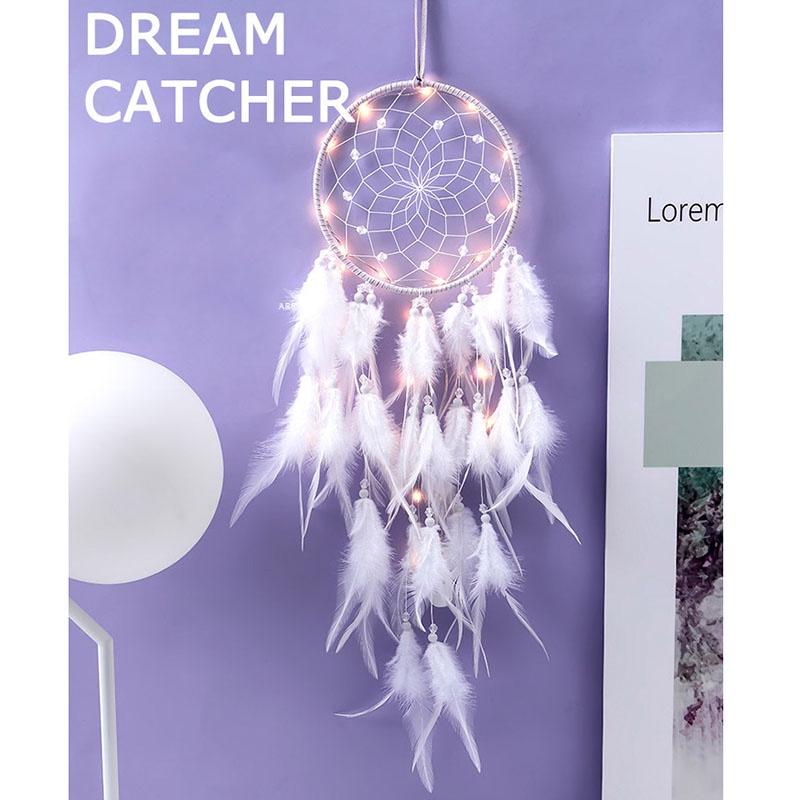 Dreamcatcher Đính Lông Vũ Có Đèn Led Trang Trí Phòng Ngủ Phòng Khách Tặng Kèm Móc Dán Tường