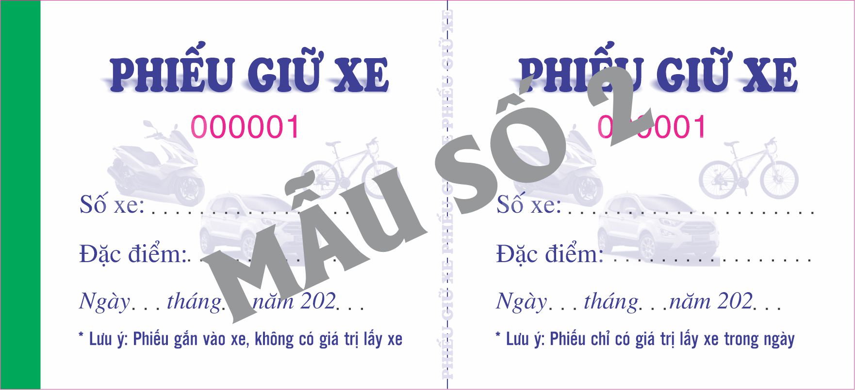 Phiếu giữ xe máy-xe ôtô-xe đạp in sẵn-block 10/50/100