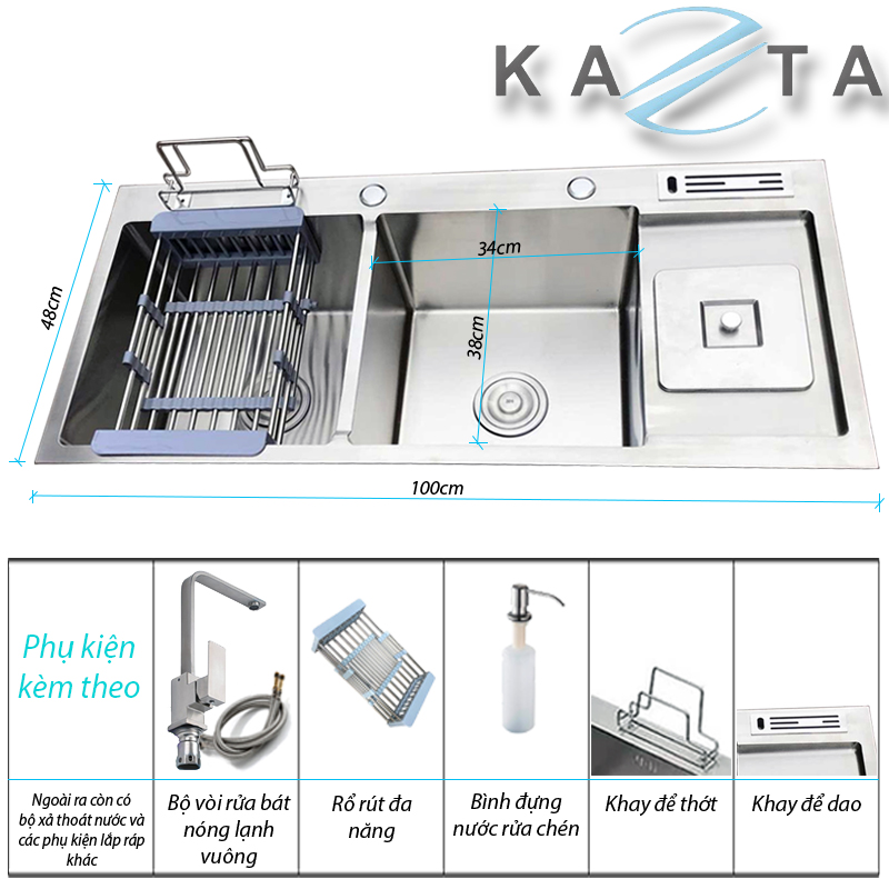 Combo Chậu Rửa Chén Bát  KAZTA KZ-CB10048H Inox Có Hố Rác Tiện Lợi Gồm: Chậu Rửa Chén, Vòi Rửa Chén Và Nhiều Phụ Kiện Kèm Theo