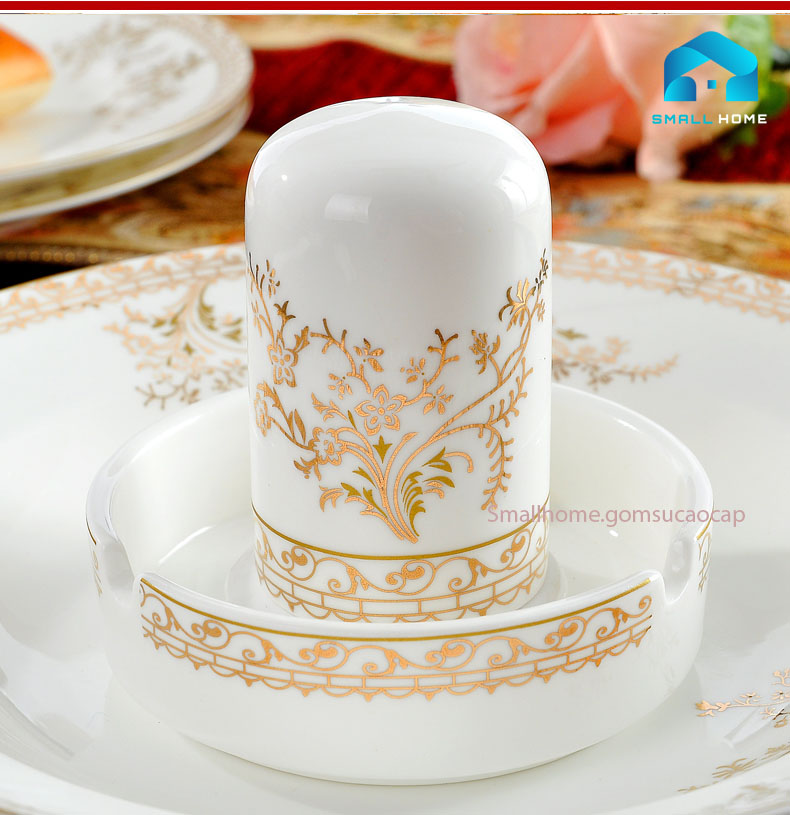Bộ đồ ăn Thiên Kiều 56 món sứ xương cao cấp, họa tiết viền vàng sang trọng, phong cách hoàng gia Trung Âu