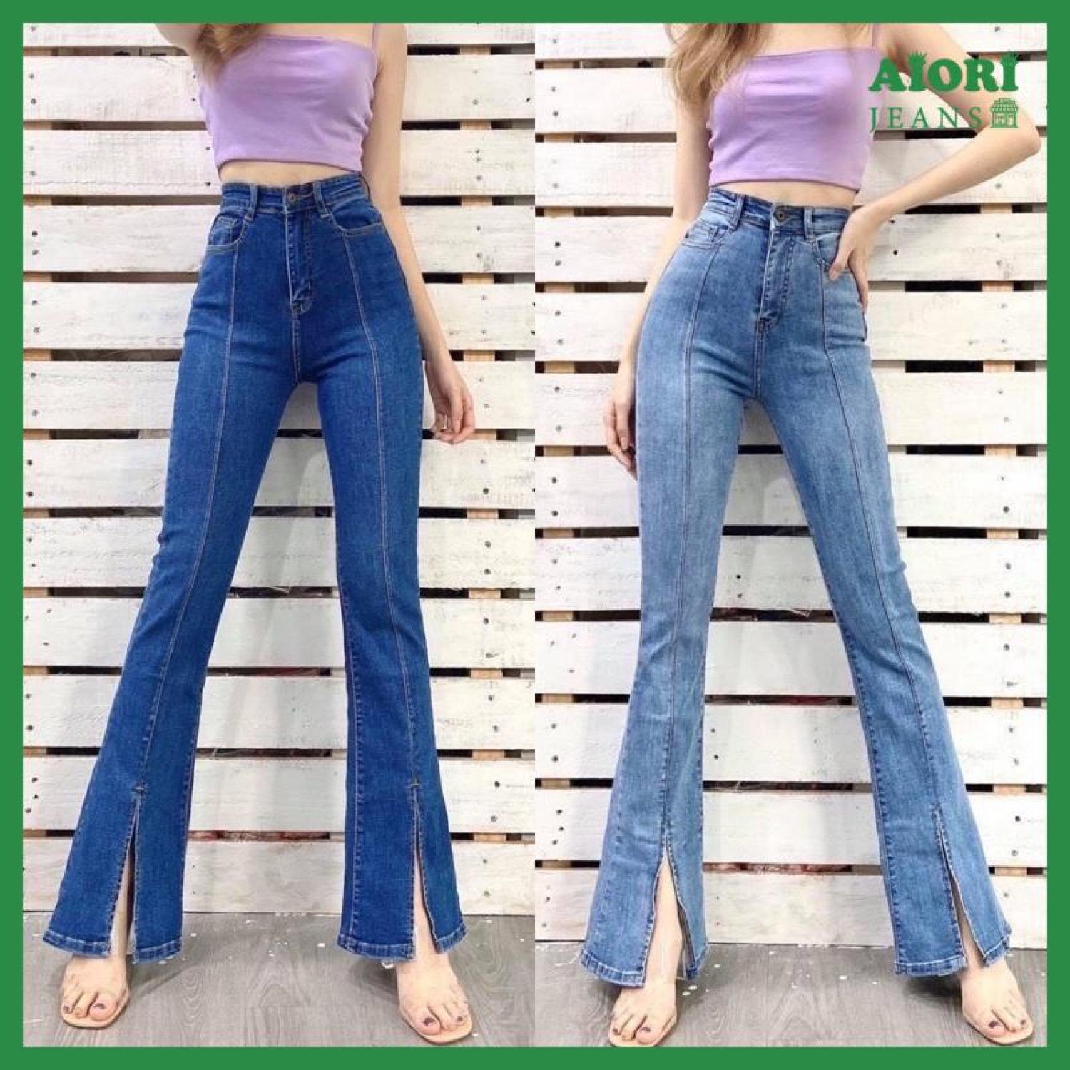 Quần Jean Nữ Aiori Ống Loe Cạp Cao Bò Bass Trơn Dáng Dài Xẻ Lai Vải Co Giãn Mềm Mịn Form Cực Sang Chảnh Mã