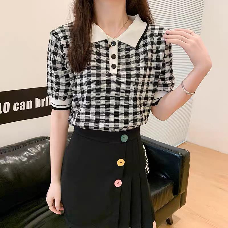 Áo polo caro dệt kim nữ tay ngắn dáng rộng len mongtogi kiểu cổ bẻ phối màu thời trang hàng đẹp Quảng Châu cao cấp