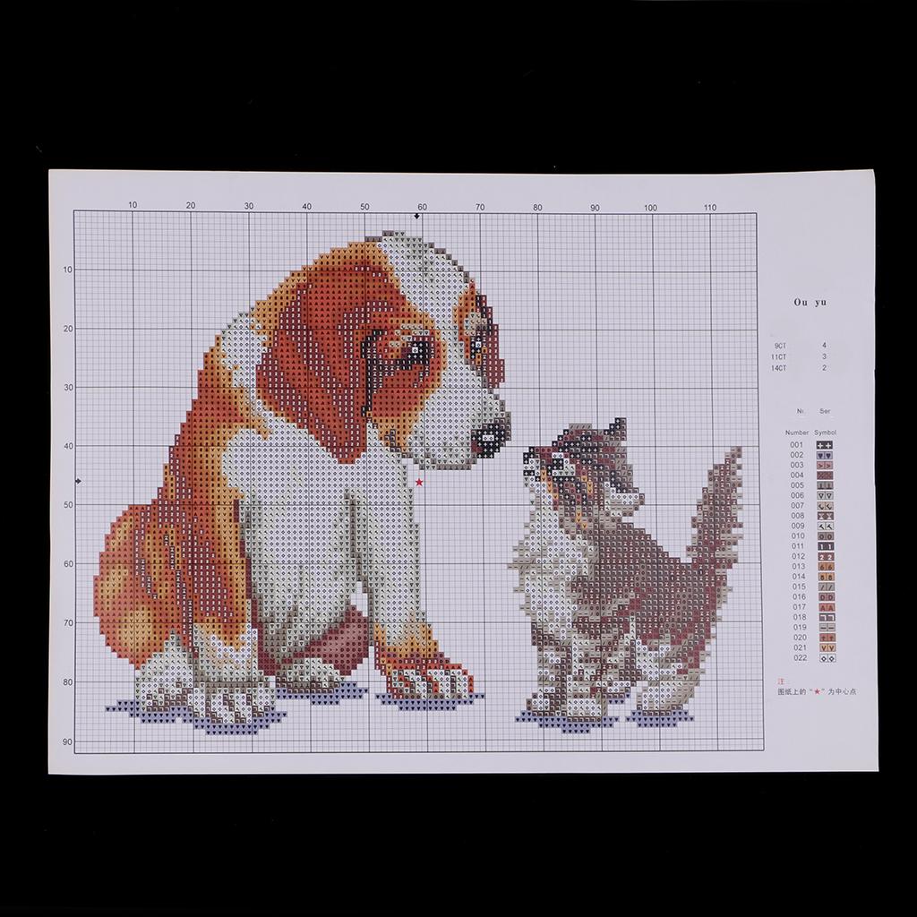 DIY Stamped Cross Stitch Kit Pre-Printed Pattern - Dog Cat 11 Count 35x29cm