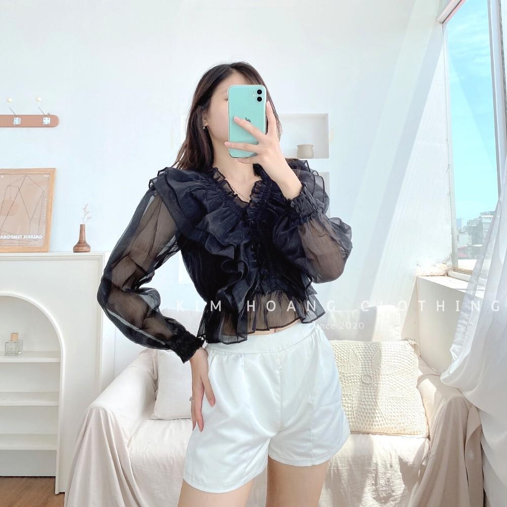 Áo sơ mi tiểu thư nữ croptop bèo nhún kiểu trễ vai tay bồng bánh bèo