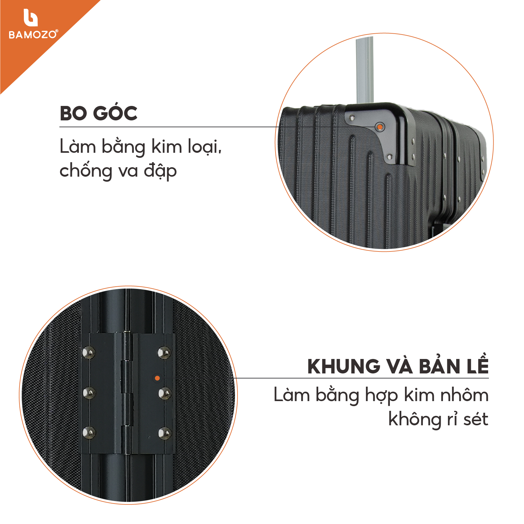 Vali khung nhôm khóa sập BAMOZO 9066 MÀU ĐEN size 20/24/28 , nhựa ABS/PC cao cấp, bịt 4 góc kim loại chống va đập cực tốt