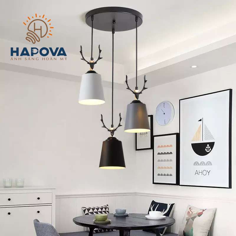 Bộ 03 Đèn thả trần trang trí sừng hươu HAPOVA OSON 5057/3 + Tặng kèm bóng led AS Vàng