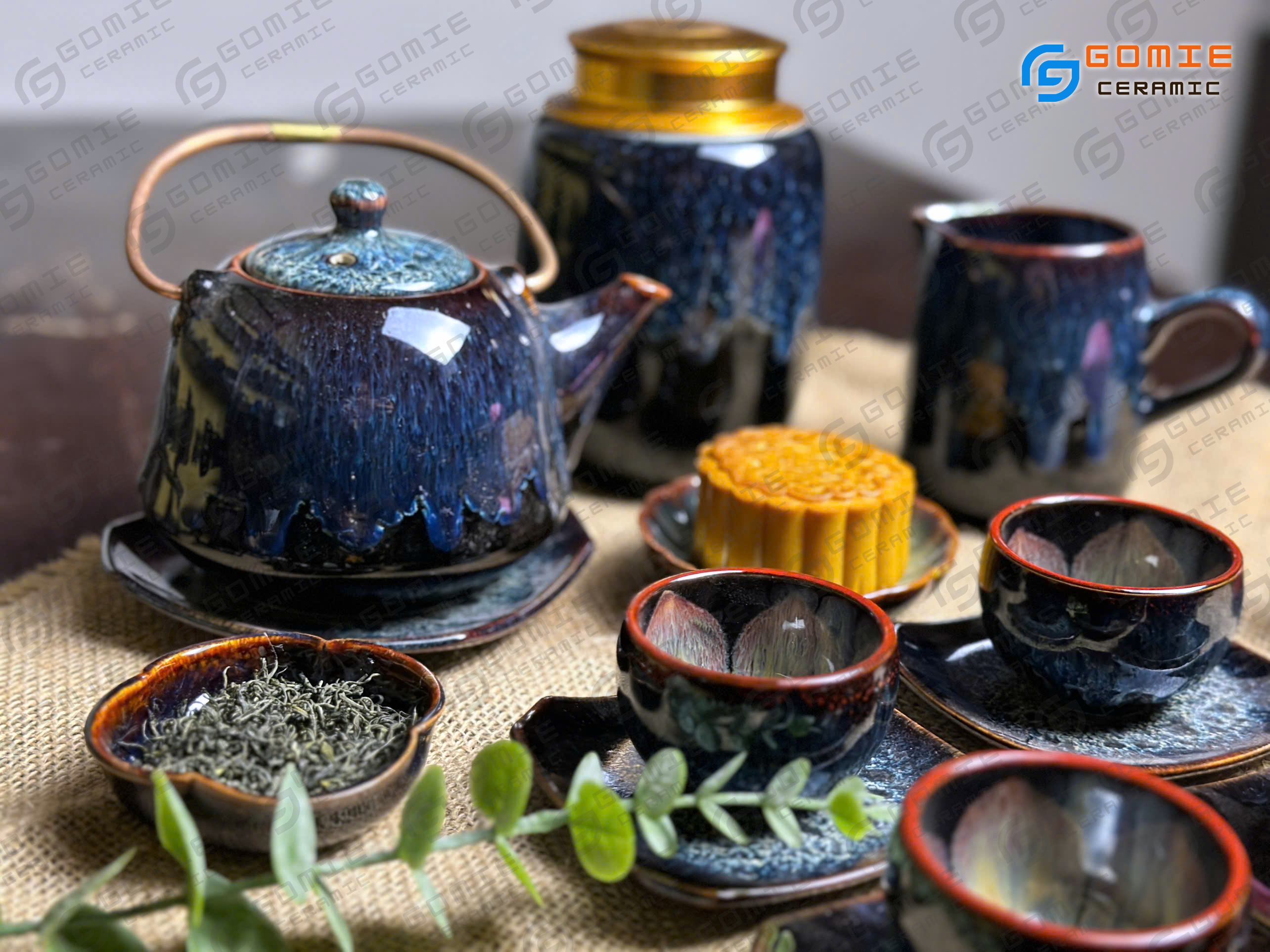 Bộ Ấm Bầu Lòng Chén Đúc Hoa Hỏa Biến Xanh Sapphire đầy đủ phụ kiện