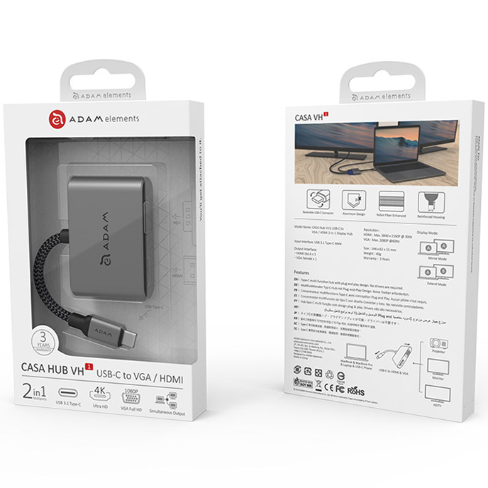 Cổng Chuyển Adam Elements 2 in 1 USB-C CASA to HDMI &amp; VGA - Hàng Chính Hãng