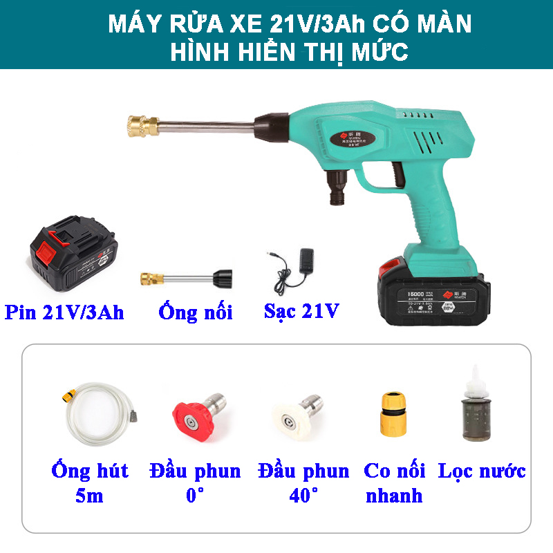 Máy rửa xe mini không dây di động, pin sạc tích hợp màn hình hiển thị mức pin, 21V/3.0Ah/240W, áp lực nước 30 bar