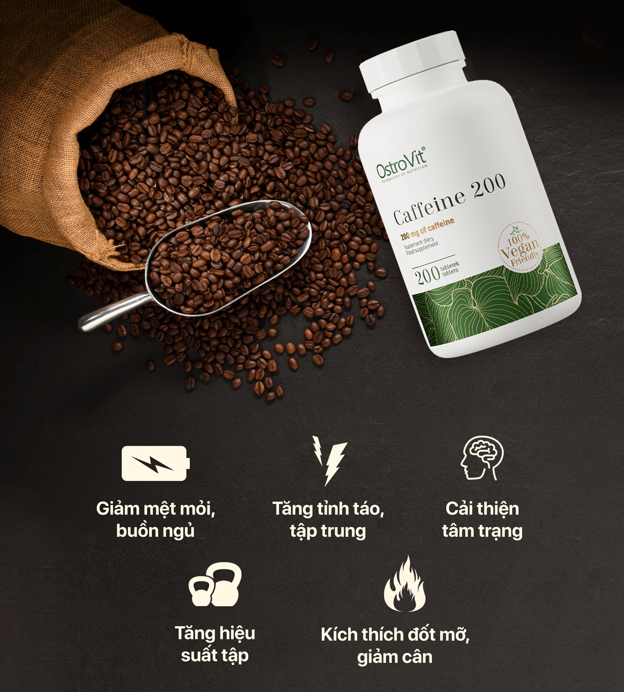 Viên Uống Bổ Sung Năng Lượng Ostrovit Caffeine (200 Viên) Hỗ Trợ Tỉnh Táo, Tăng Cường Tập Trung và Hiệu Suất | Nhập Khẩu Ba Lan