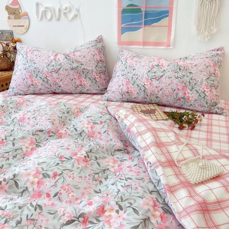 Set Cotton Living 100%cotton Hàng Nhập Khẩu Cao Cấp 4 Món Hoa Nhí Hồng