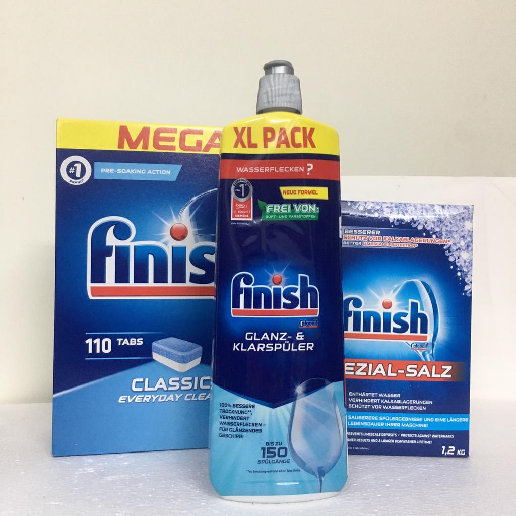 Bộ 3 viên rửa bát finish 110 viên + Nước làm bóng finish 750 ml+muối finish 1.2kg dùng cho máy rửa bát chén