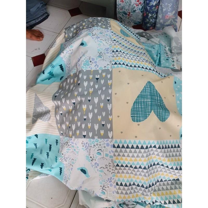 vải họa tiết trái tim xanh chất cotton lụa may ga drap trải giường, may gối kiểu dễ thương
