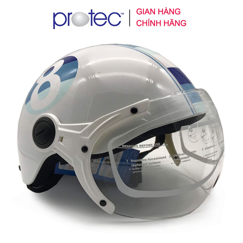 Mũ bảo hiểm 1/2 đầu có kính cao cấp Protec Hiway họa tiết trắng số 8, mẫu mới, an toàn, thời trang - Hàng chính hãng