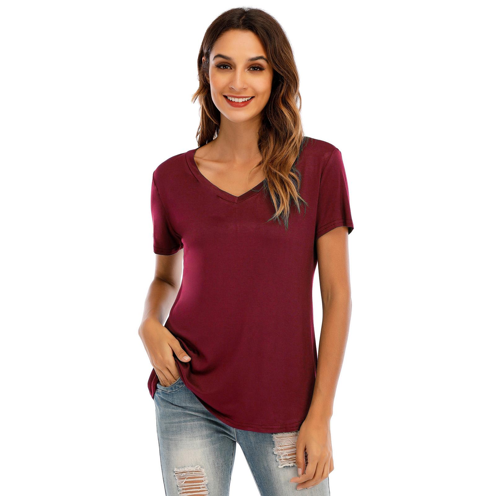 New Fashion Women T-shirt Solid Color V Neck Short Sleeve Rounded Hem Long Casual Party Wear Summer Tops