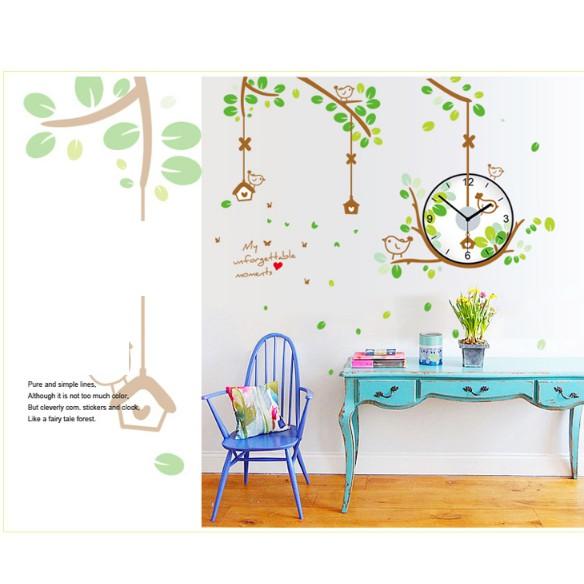 Decal Trang Trí Tường Kèm Đồng Hồ Dán Tường Cành Cây Con Chim Xanh