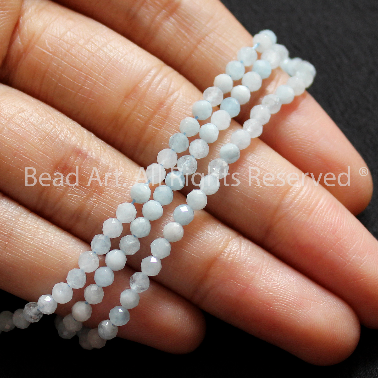 Lắc Tay 3MM Đá Aquamarine Tự Nhiên, Hải Lam Ngọc, Màu Xanh Biển Giác Cắt Và Bạc 925, Thuỷ, Mộc, Vòng Tay Phong Thuỷ, Chuỗi Hạt - Bead Art