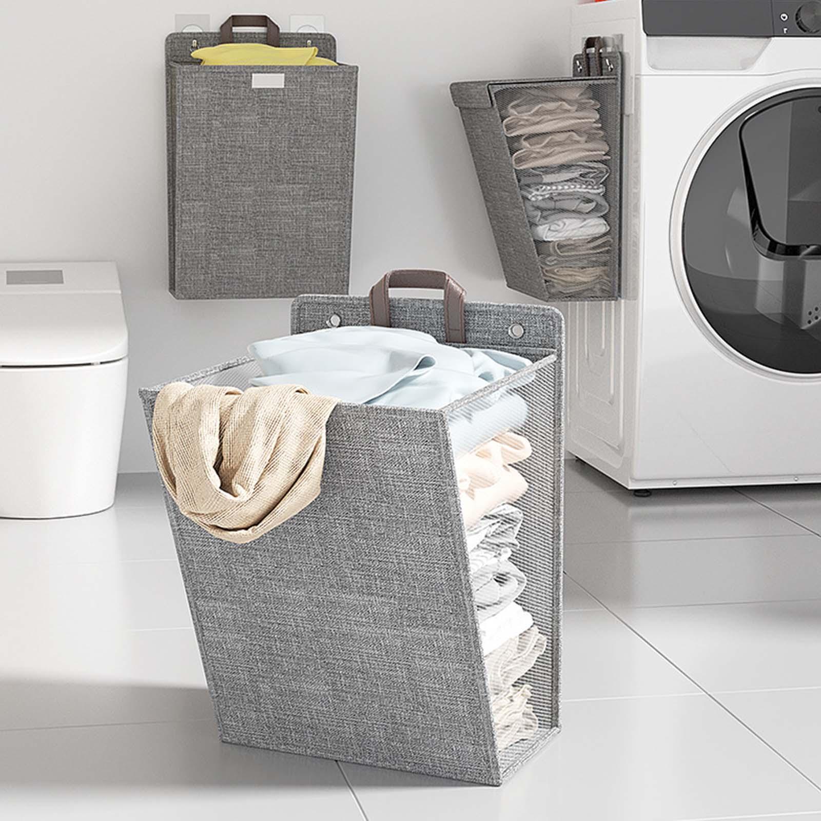 Foldable Hanging Laundry Basket Dirty Clothes Organizer Toys Storage Organizer Durable Wall Hanging Storage Basket for Bathroom Laundry Room
