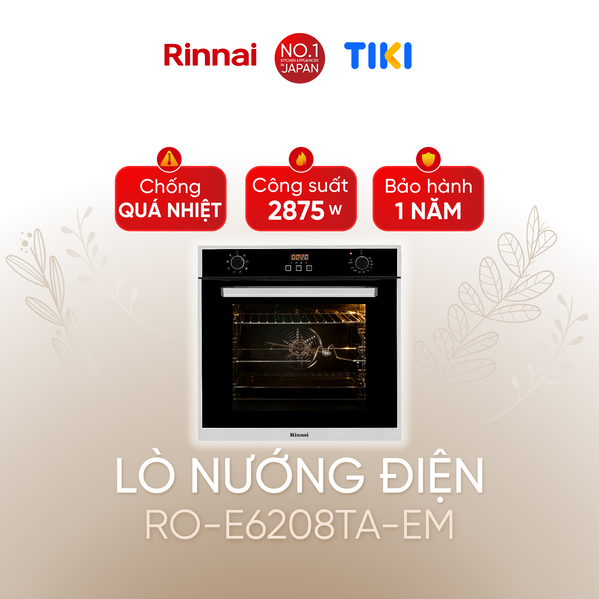 Lò nướng điện âm tủ Rinnai RO-E6208TA-EM dung tích 70L 2875W - Hàng chính hãng.