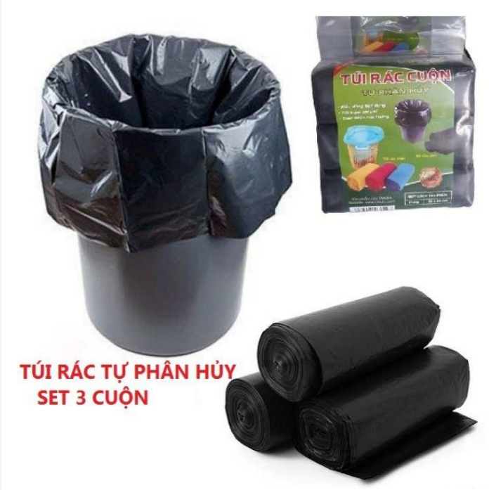 Combo 3 cuộn túi đựng rác không quai đen, bao rác tự phân hủy sinh học, thân thiện với môi trường GD623-TRac-Trung