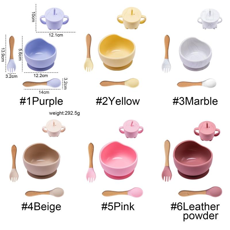 Dẻo Silicone Cho Bé BÁt 4Pc/1 Bộ Bộ Đồ Ăn Chống Thấm Cho Bé Học Tập Tô Bộ Gỗ Giỏ Muỗng Nĩa Không chống Trượt Cho Trẻ Học