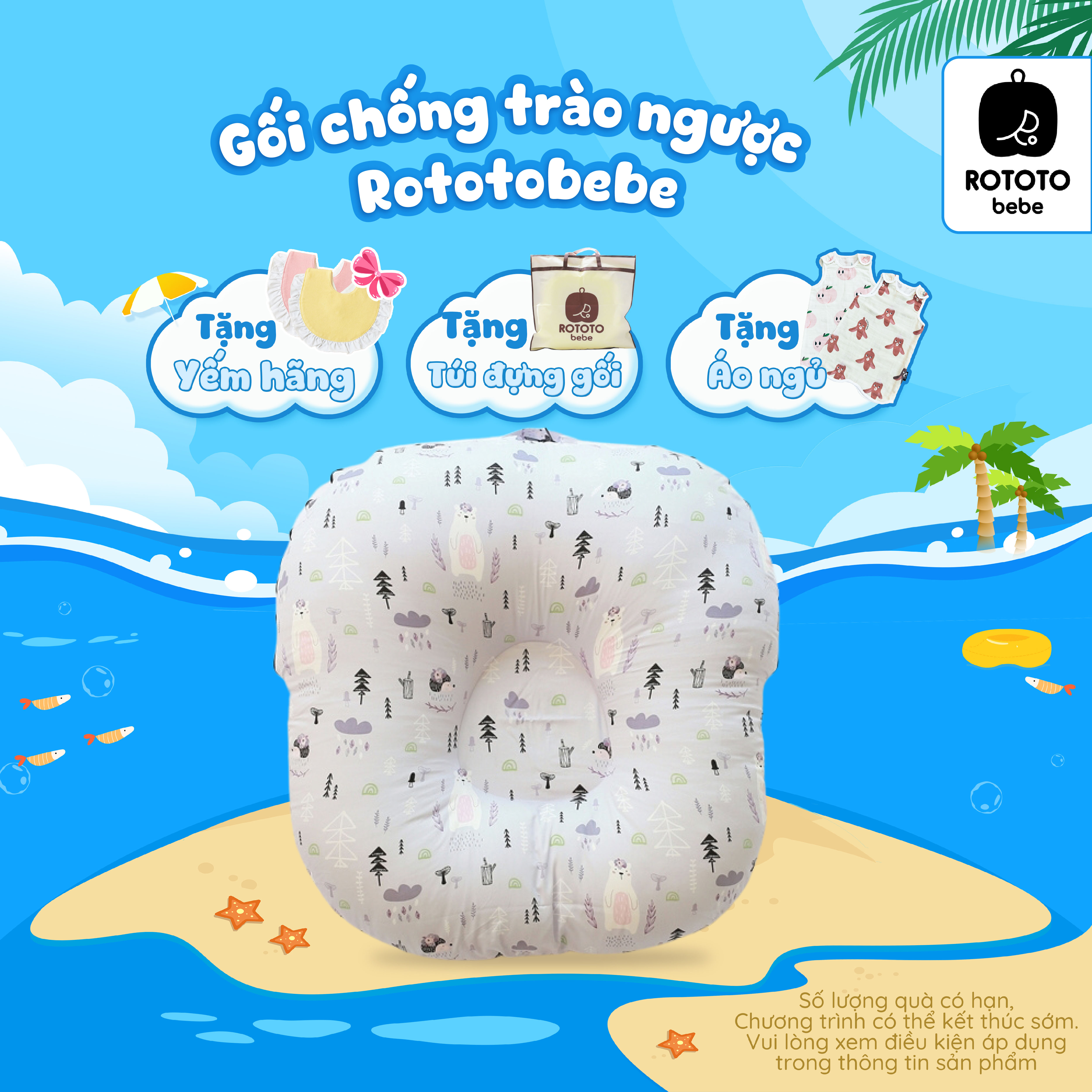 Hình ảnh Gối chống trào ngược Rototo bebe nhập khẩu chất liệu cotton mềm mại khắc phục tình trạng trào ngược sơ sinh