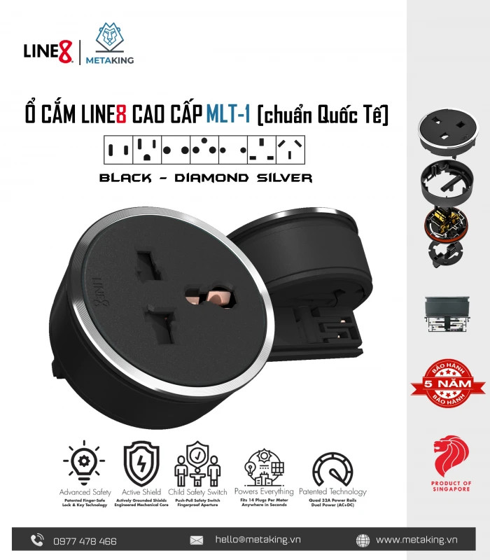 Ổ Cắm Điện Line8 MLT-1 - Body Màu Đen - Chuẩn Quốc Tế - Chính hãng