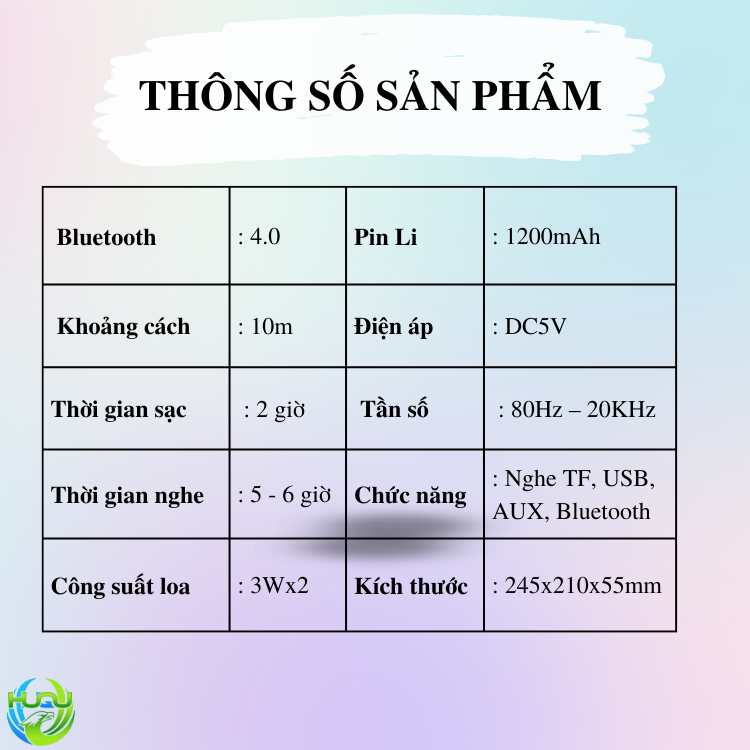 Loa Bluetooth Huqu G500 Hỗ Trợ Nghe Qua USB, Thẻ Nhớ, Cáp AUX, Dung Lượng Pin 1200mAh - Hàng Chính Hãng