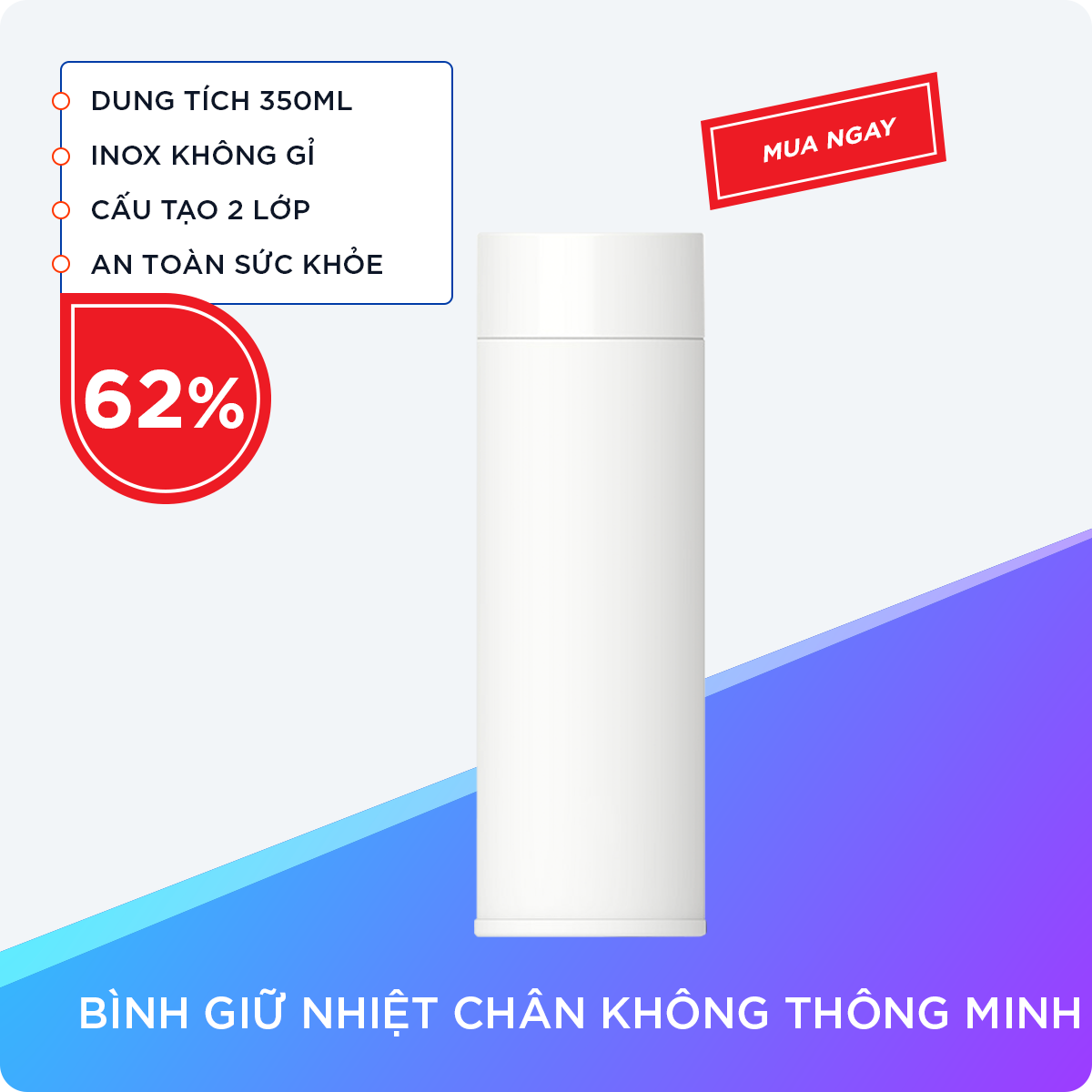 Bình Giữ Nhiệt Chân Không Thông Minh 350ml, Cấu Tạo 2 Lớp Với Chất Liệu Inox Không Gỉ