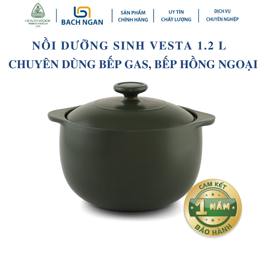 Nồi sứ dưỡng sinh Minh Long Vesta 1.2 L dùng cho Bếp Ga, Hồng Ngoại có nắp đậy, tráng men màu sứ xanh rêu, có thể kho cá, hầm cháo - nồi đất