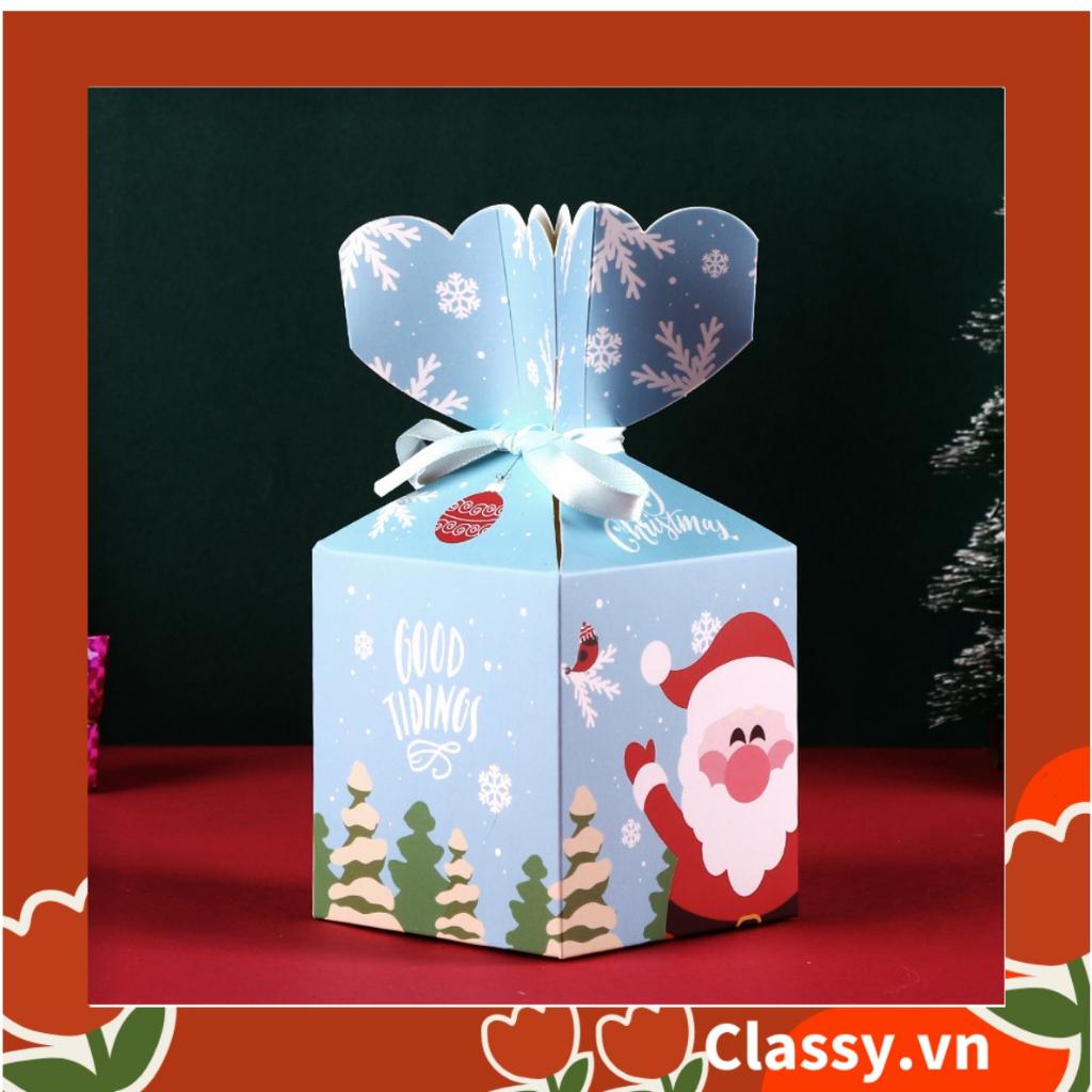 Hộp giấy Giáng sinh 9.5*8*8cm tự gấp hình viên kẹo, gắn Ruy băng Classy ; in họa tiết NOEL vui vẻ Q765