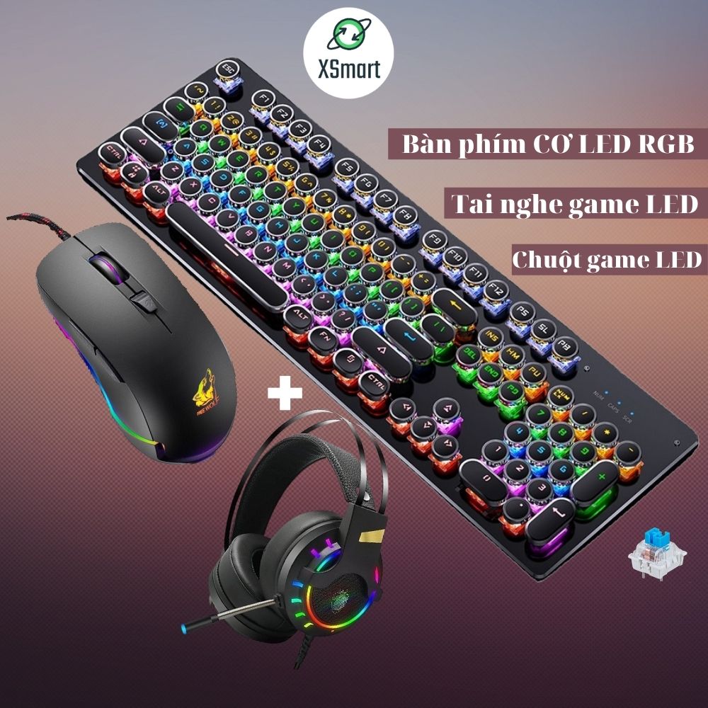 Bộ bàn phím cơ và chuột gaming XSmart kèm tai nghe chụp tai Super Bass headphone 7.1, combo full LED đổi màu siêu đẹp T907+V6+K3 - Hàng Chính Hãng