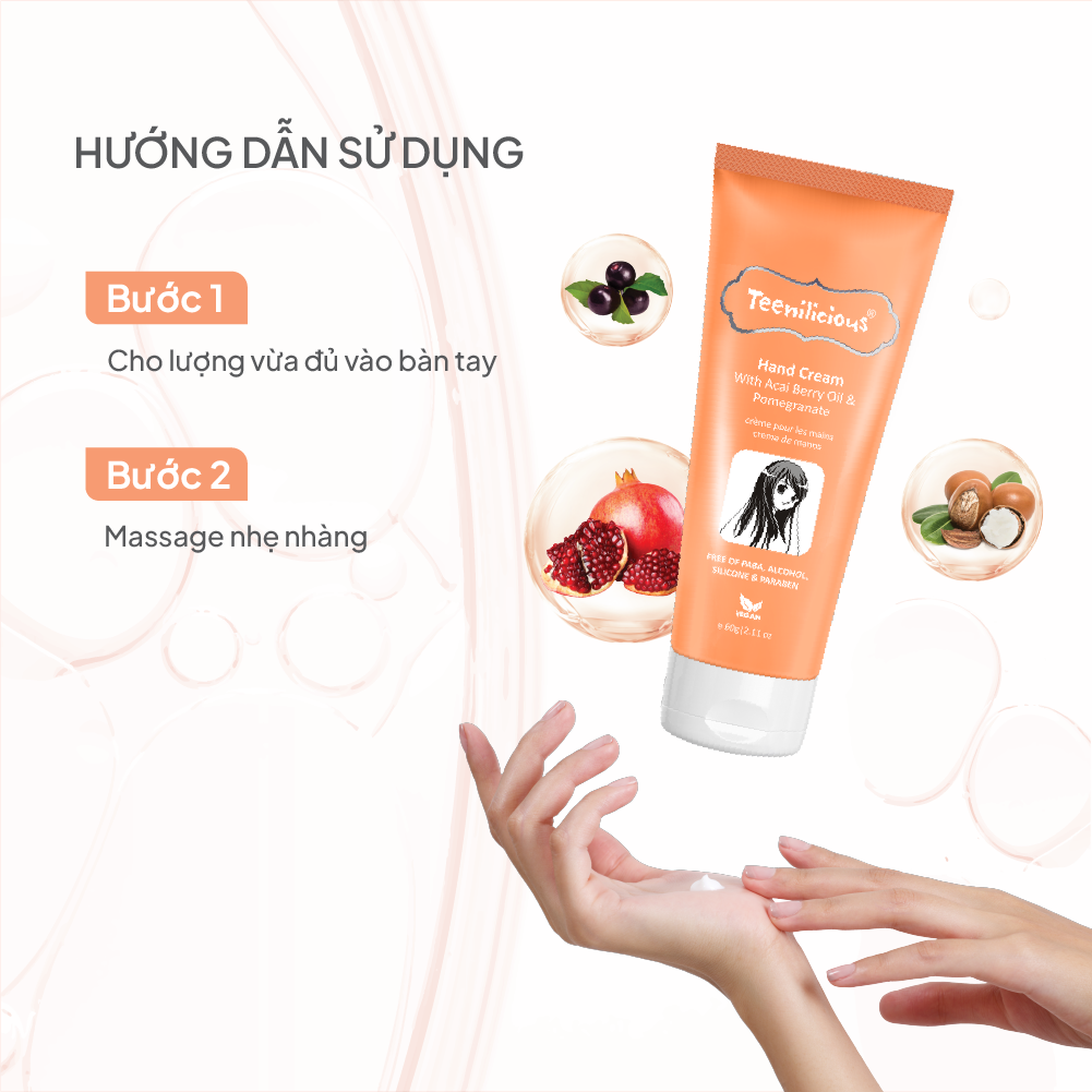[Mini Size] Kem Dưỡng Da Tay Chiết Xuất Acai Và Lựu Teenilicious Hand Cream With Acai Berry Oil &amp; Pomegranate 15g - Nuôi Dưỡng Và Giữ Ẩm, Dành Cho Da Nhạy Cảm