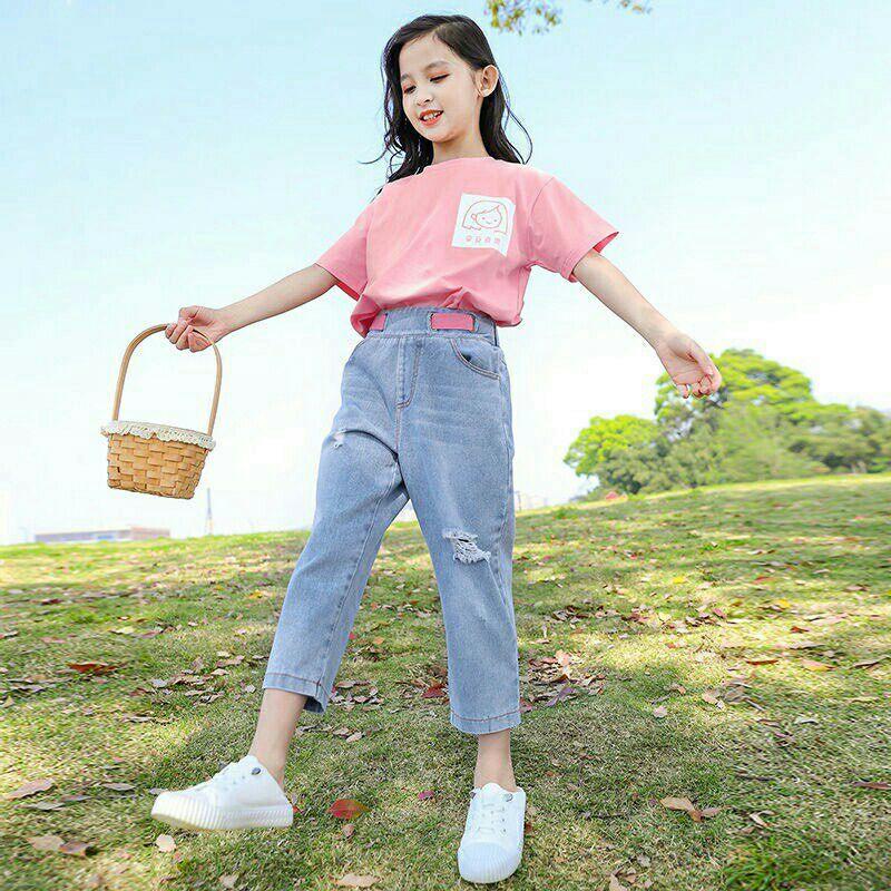 Set quần jeans và áo sơ mi hoa nhí bé gái siêu xinh