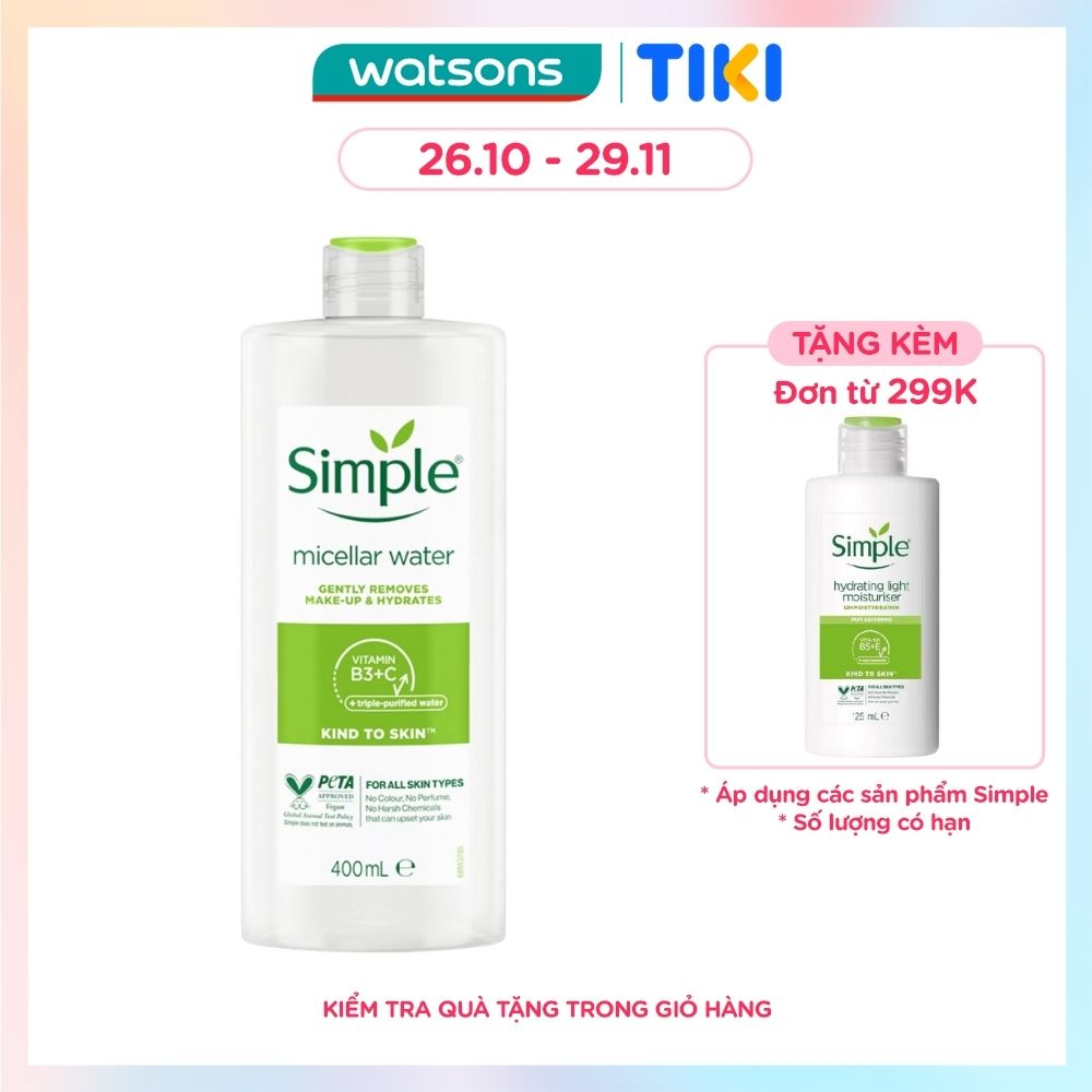 Nước Tẩy Trang Simple Dịu Nhẹ Làm Sạch Lớp Trang Điểm Và Cấp Ẩm Cho Da 400ml