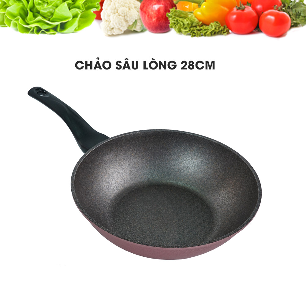 Bộ chảo chống dính cao cấp bằng đá ecoramic 5 món: Chảo sâu lòng 28cm+ nắp kính,2 chảo chiên 18-28cm, chảo vuông