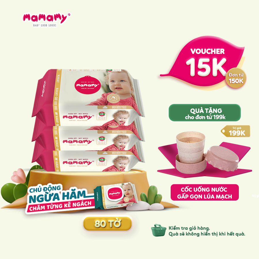 Combo 3 gói khăn ướt ngừa hăm, rôm sảy Mamamy 80 tờ/gói, kháng khuẩn, an toàn cho trẻ sơ sinh